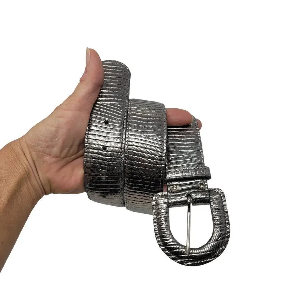 Vintage‎ Metallic Silver Leather Belt M Tooled Animal Striped Futuristic